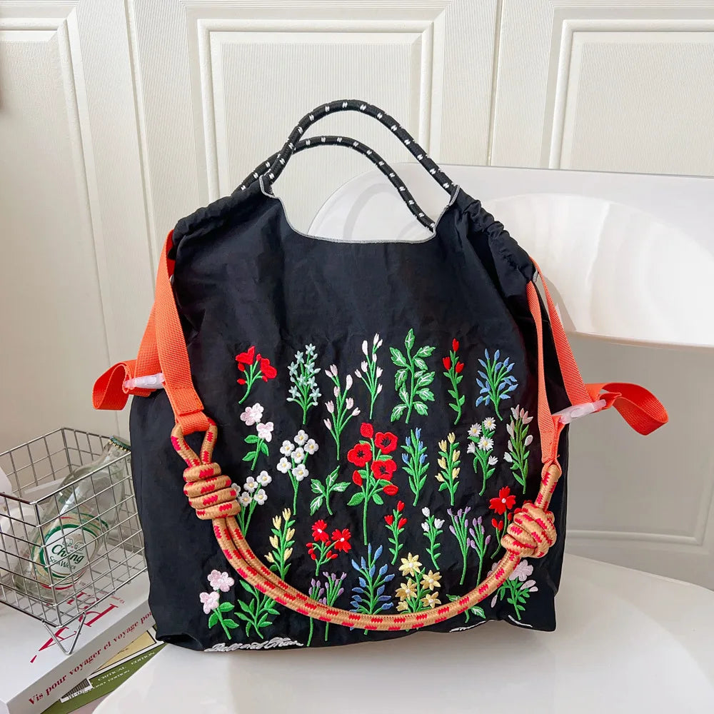 Large Medium Embroidered Shopping Bag, Casual Handheld Simple Large Capacity Shoulder Bag Shoulder Straps Included