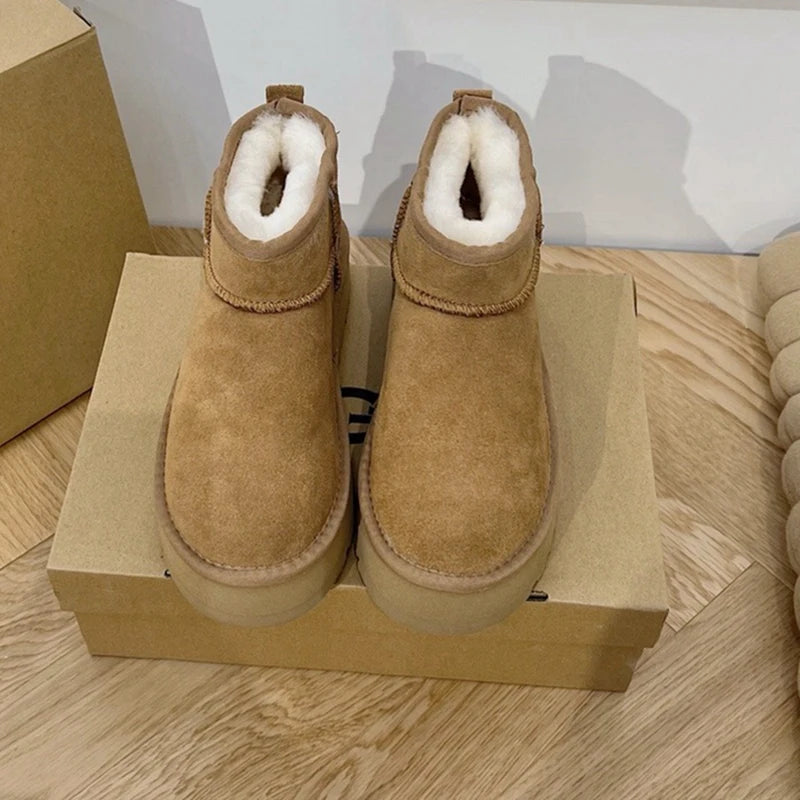 Winter Women Real Sheepskin Wool Ultra Mini Platform Snow Boots Classic Genuine Leather Natural Fur Warm Thick sole Shoes 34-42