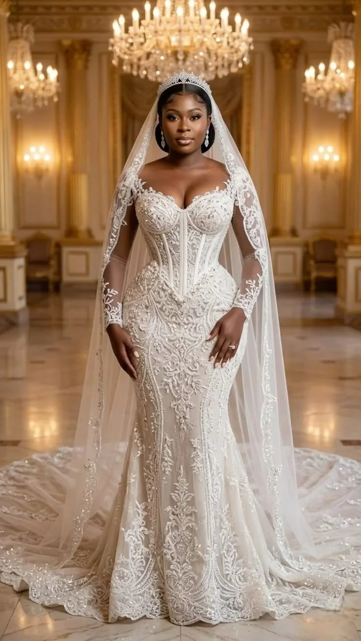 Luxury White Mermaid Wedding Dress Sexy Sweetheart Neck Long Sleeve Lace Embroidery African Women Bridal Gown Customized