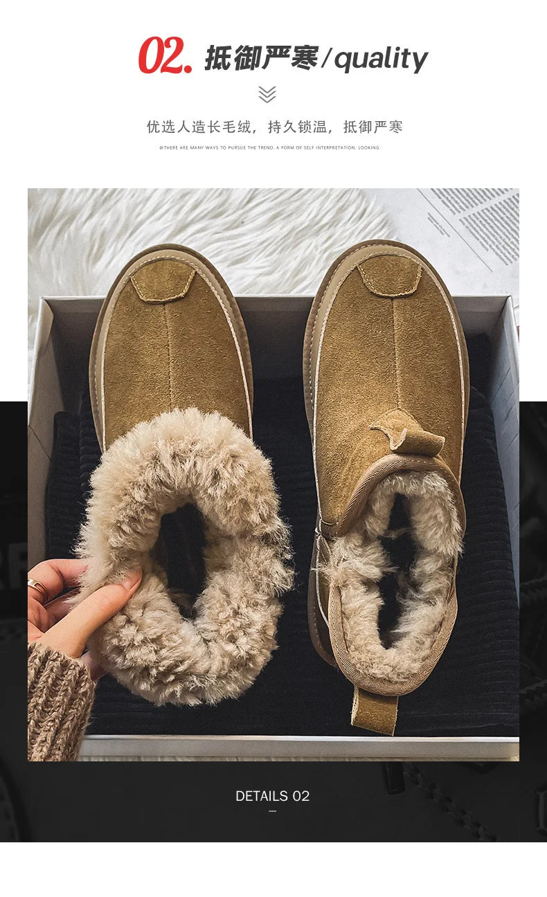 Women's Thick Bottom Mid-Calf Snow Boots Fur Lined Warm Synthetic Leather Rubber Sole Winter Shoes Two-Way Wear Korean Style