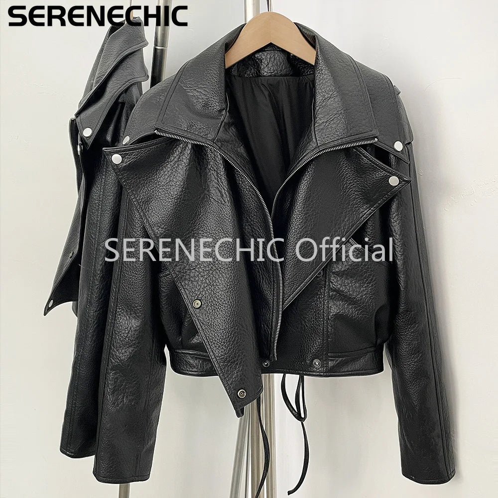 SERENECHIC Women's Black Faux Leather Cropped Moto Jacket Asymmetric Zip PU Biker Coat Female New Autumn Vintage Punk Outerwear