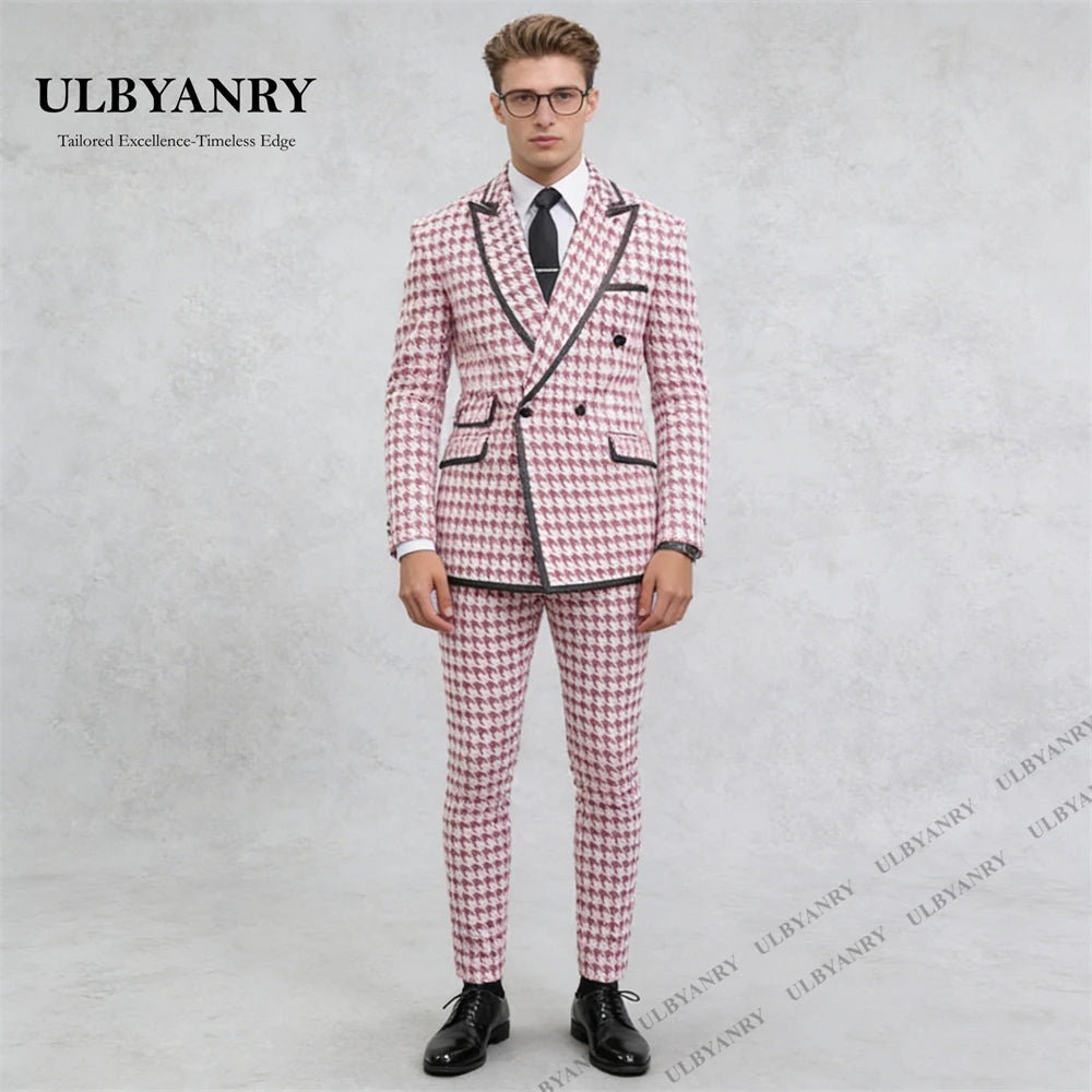 ULBYANRY Men’s Houndstooth Double Breasted Black Trim Suit Set for Wedding Party Celebration Slim Fit Jacket Pants Set for Date