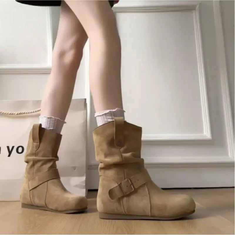 Women Suede Mid Calf Boots Vintage Buckle Strap Slouch Ankle Booties Retro Casual Flat Shoes Round Toe Slip On Short Boots