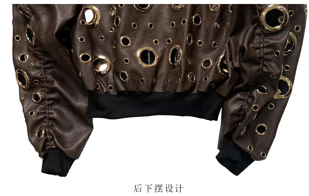 Nerazzurri Autumn Oversized Hollow Out Gold Pu Leather Jacket Men with Hood Hole Luxury Fake 2 Pieces Emo Menswear Clothing 2025