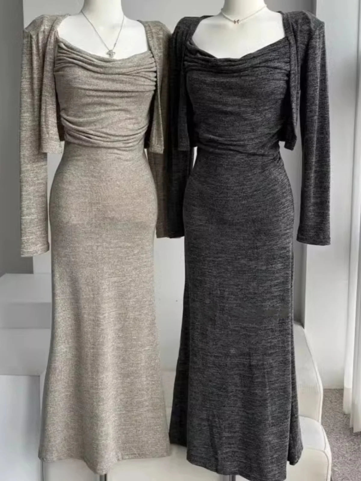 Sexy Long Sve Wrap Dr Korean Sle High Waist Autumn New Arrival Women's Two-Piece Set Long Skirt with ort Cardigan