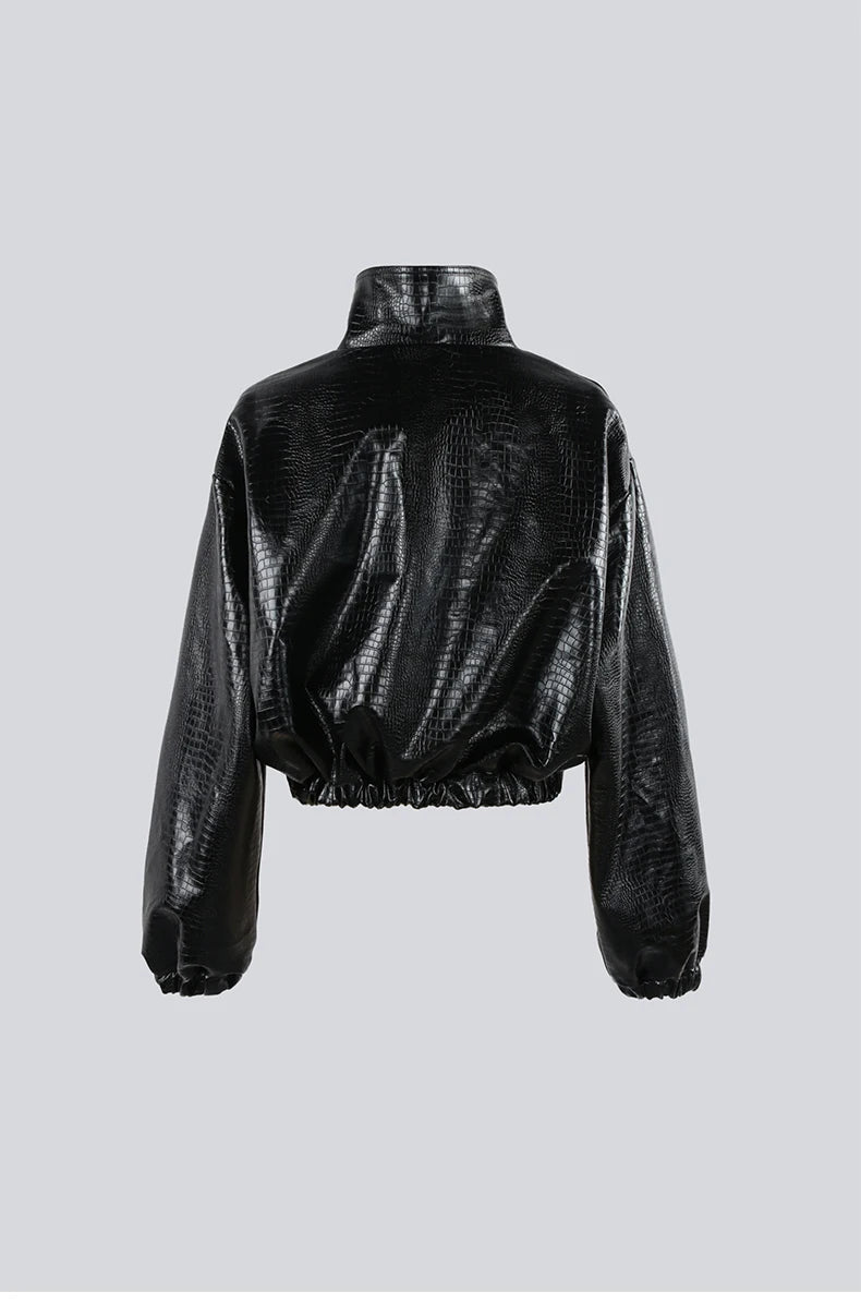 Mauroicardi Spring Autumn Short Black Brown Crocodile Print Faux Leather Jacket Women Stand Collar Button Up Luxury Clothes 2025