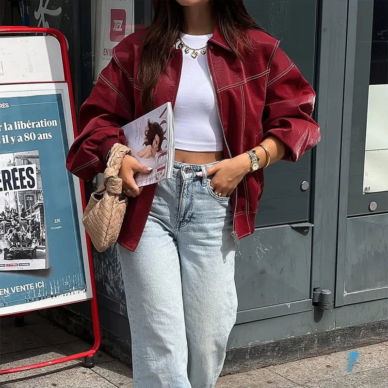 Women Stand Collar Leather Pilot Jacket Red Zipper Cropped Coat Fashion Casual Fashion Outerwear 2026 New Arrival Streetwear