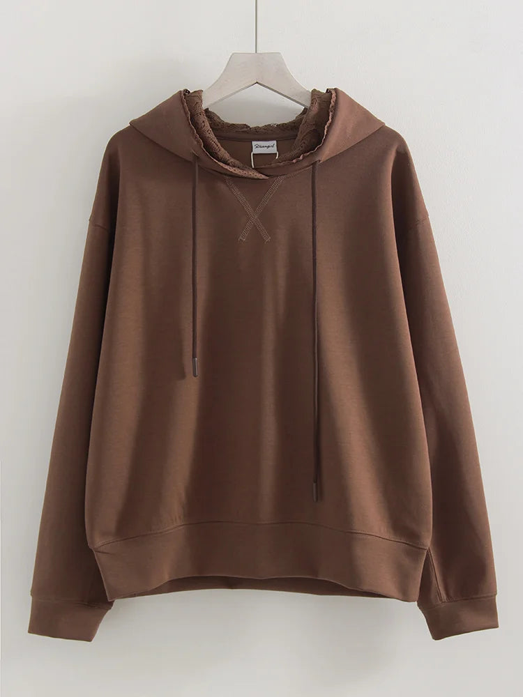 Streamgirl Brown Hoodies With Lace Women Oversize Plain Spring Elegant Butter Yellow Hooded Sweatshirts For Women Oversized