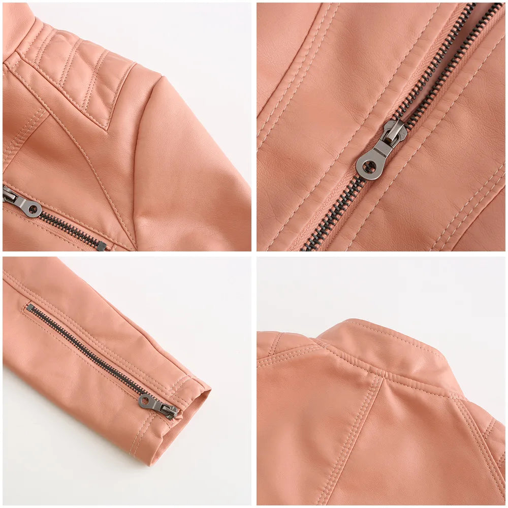 Ladies casual stand-up collar jacket Slim models women's spring and autumn solid color women's leather jacket