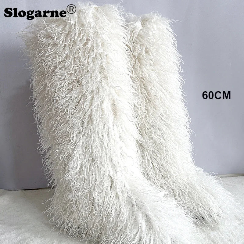 New Over The Knee Fur Boots Women Warm 72CM Long Faux Mongolian Fur Snow Boots Winter Luxury Fluffy Shoes Plush Platform Shoes