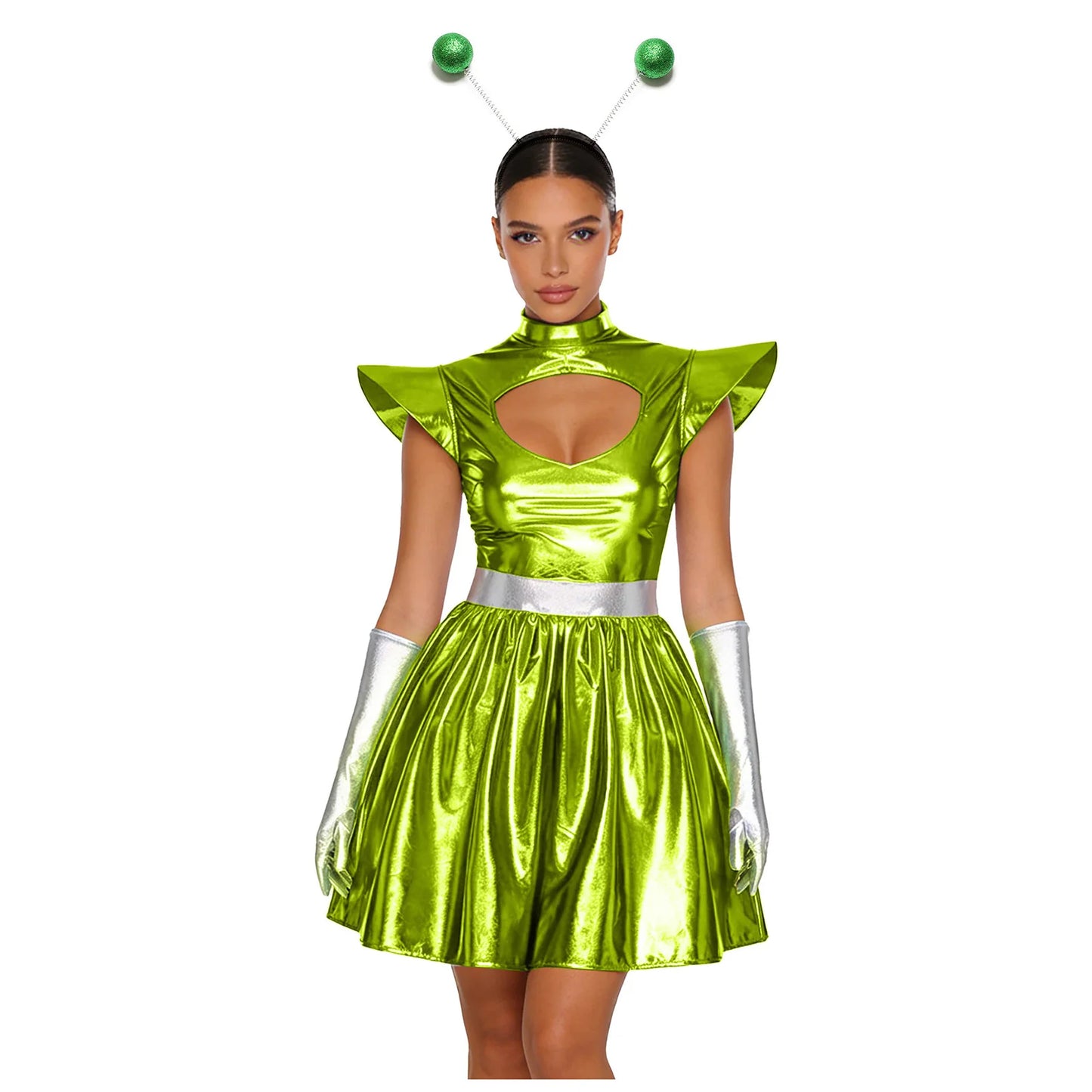 Womens Space Alien Costume Shiny Metallic High Waist A-line Dress with Gloves Astronaut Cosplay Outfits for Halloween Party