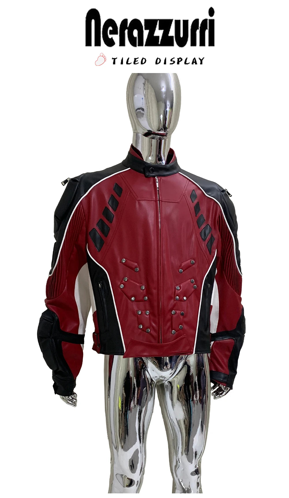 Nerazzurri Autumn Winter Short Color Block Pu Leather Racer Jacket Men Shoulder Pads Rivet Zipper Luxury Designer Clothes 2025