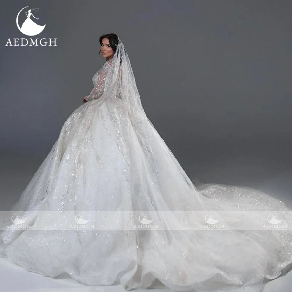 Aedmgh Ball Gown Luxury Wedding Dresses High Neck Long Sleeve Vestido De Novia Lace Sequined Princess Custom Made Bridal Gowns