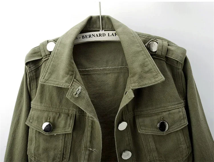 Spring Vintage Army Green Black Khaki Denim Jacket Women Hem Belt Big Pocket Cowboy Outerwear Loose Short Jeans Jackets Female