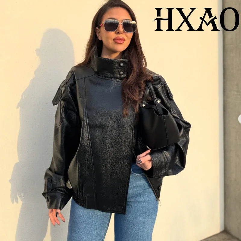 HXAO Women's Faux Leather Jacket Short Coat Black Bomber Jackets For Woman Loose Winter Outerwear High Neck Aviator Jackets