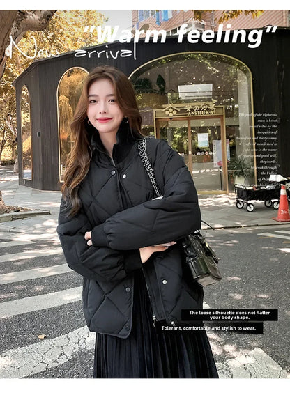 2024 Korean Style Argyle Spliced Down Coat Petite Cropped Warm Stand Collar Cotton Padded Jacket For Women Long Sleeves