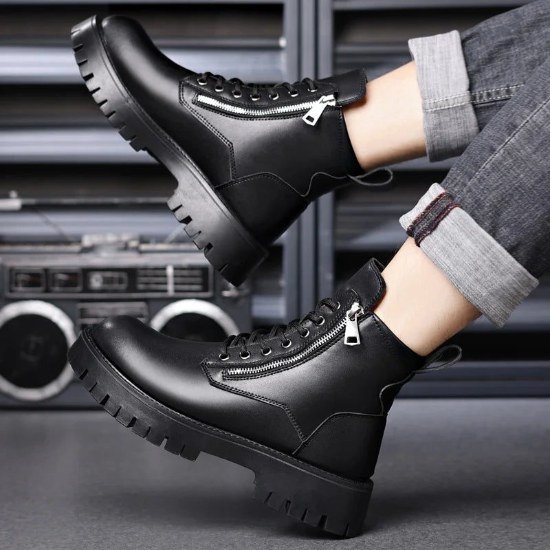 Motorcycle Boots Men's High Top Boots High Quality Mens Leather Shoes Fashion Outdoor Sneakers Men Lace Up Non-Slip Ankle Boots