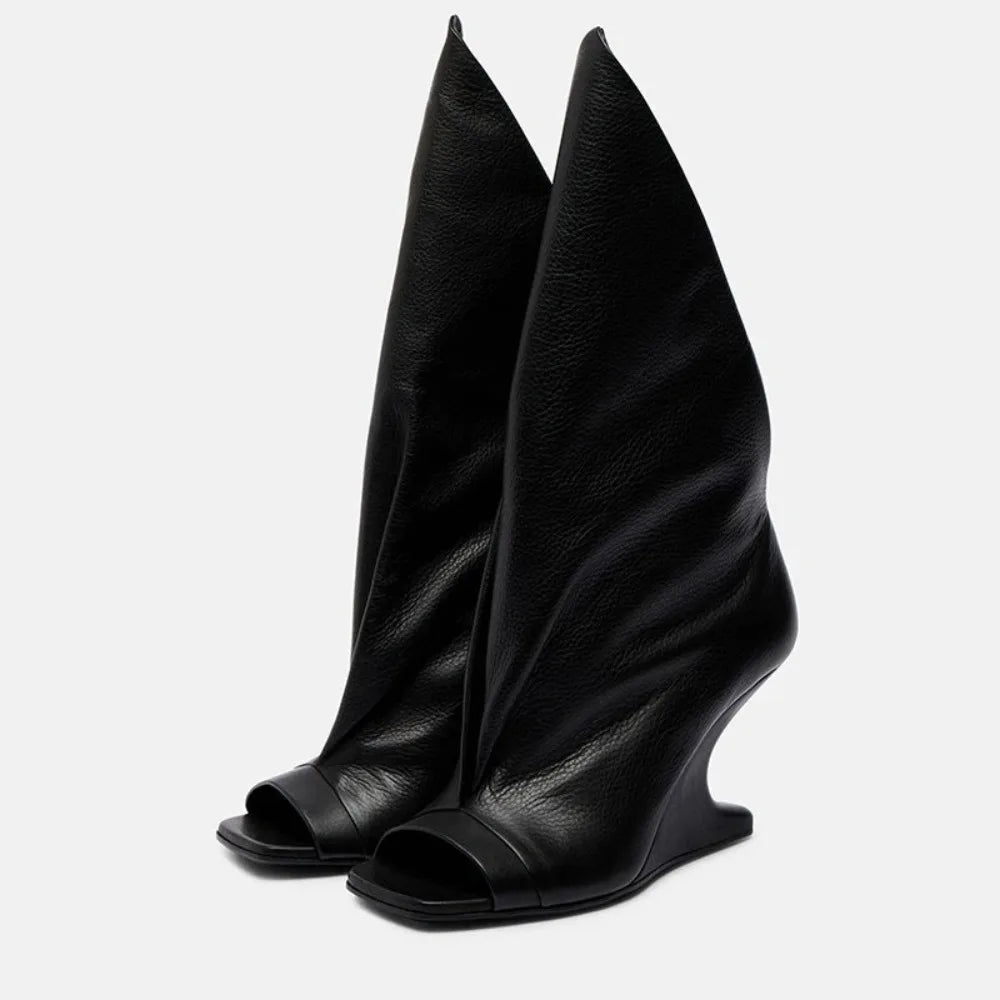 Runway Style Women Peep Toe Tall Boots Sculptural Wedge Heel Draped Pleated Upper Trendy Evening Statement Fashion Footwear