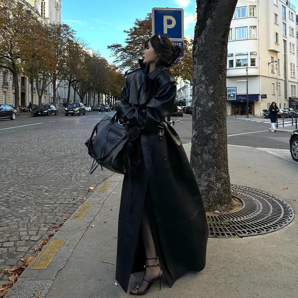 Luxury High Quality Autumn Long Oversized Black Leather Trench Coat Women's PU Leather Jacket Lapel Collar Belt Double-Breasted