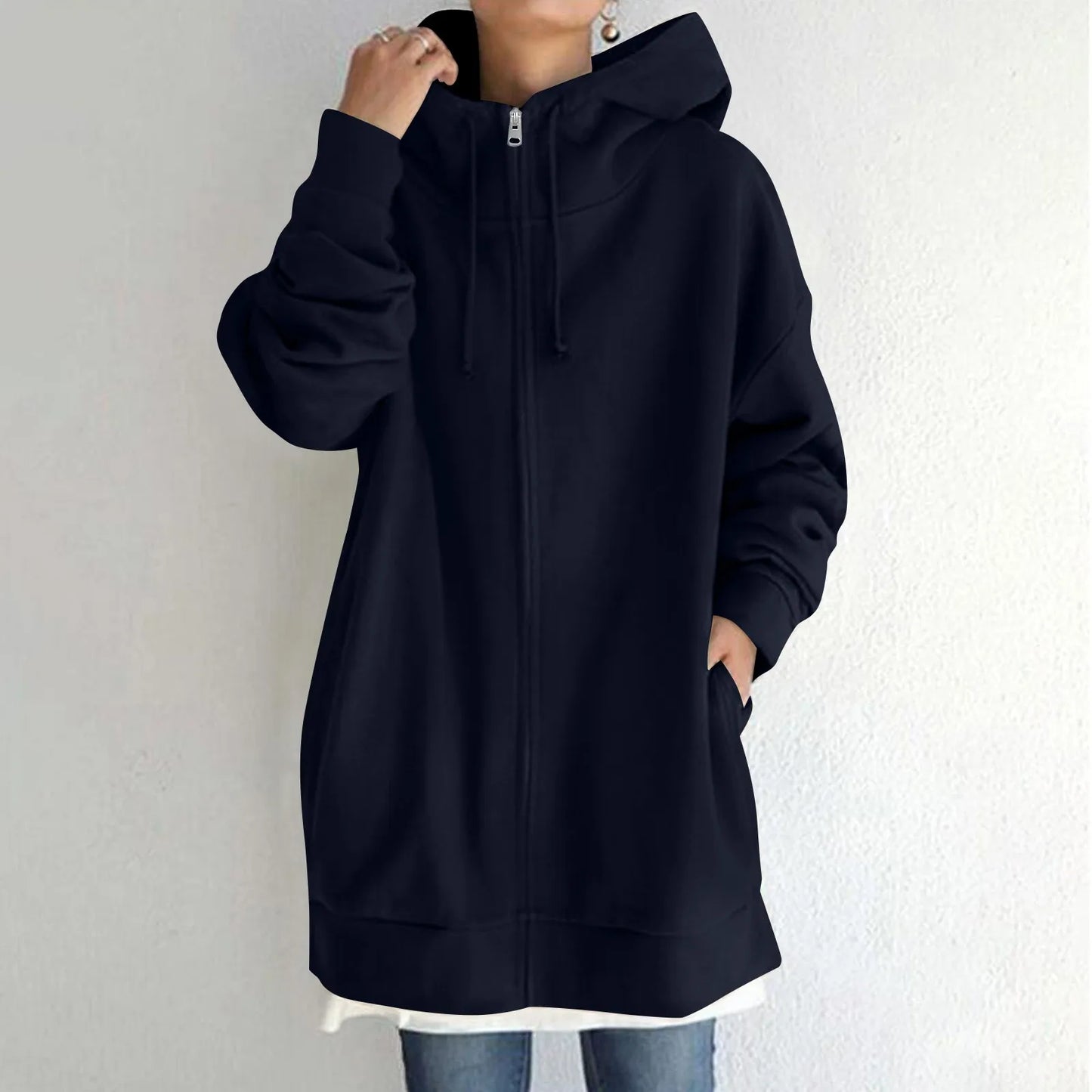 Plus Size Long Hoodies Tunic Fashion Long Sweatshirts Solid Color Fleece Knitted Zip Up Jackets With Pockets For Women