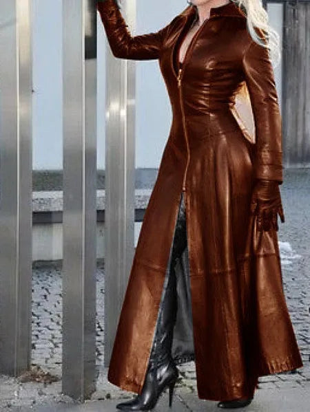 Solid Color Lapel Temperament PU Leather Jacket, Europe and America Women's Autumn/winter Fashion Sexy Slim Overlength Leather