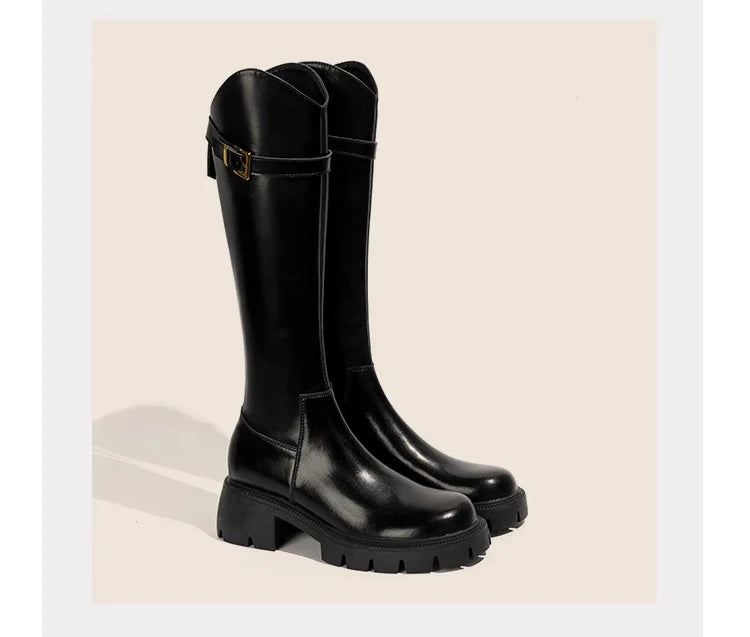 Fur Lining Women Knee High Boots Fashion Knight Long Booties Square High Heels Autumn Winter Warm Short Plush Shoes