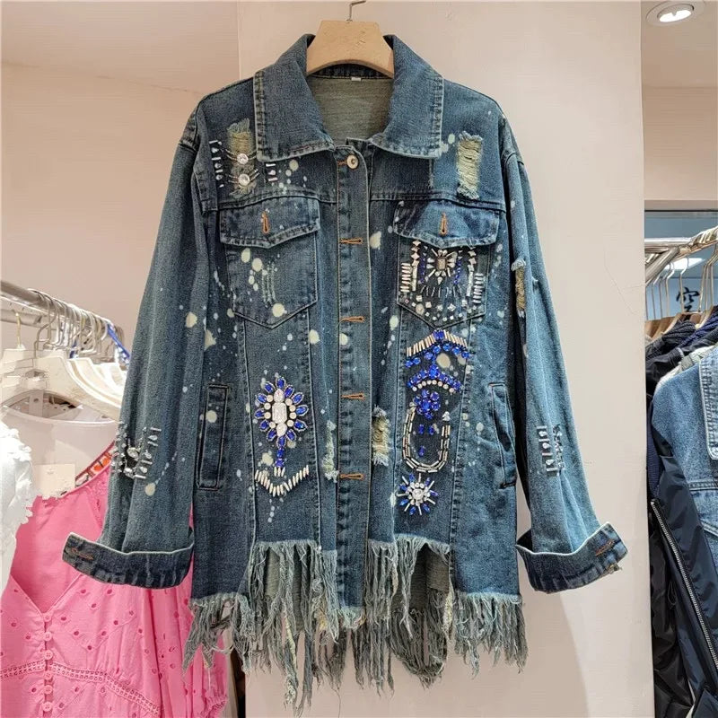 European and American style heavy industry embroidery splicing denim jacket 2025 new print loose casual denim women's jacket top