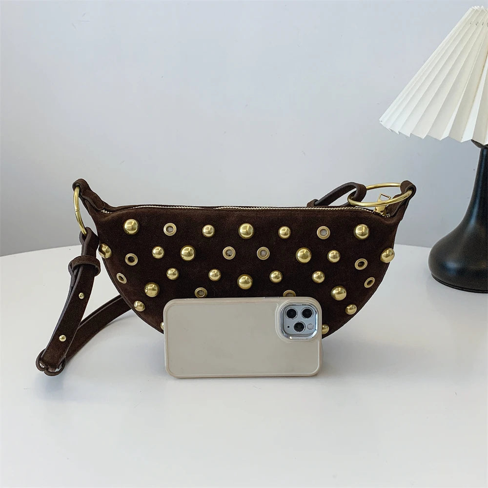 MOODS Branded Half-moon Shoulder Bags For Women Faux Suede Rivets Decor Crossbody Hobo Bags 2025 Latest Designer Handbags Luxury