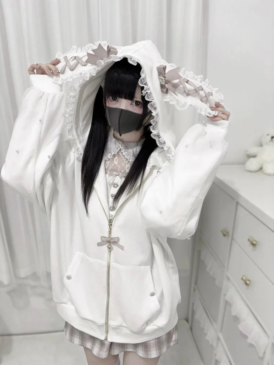 Vintage Japanese Subculture Jirai Kei Jacket Women Y2K Coat Lace Rabbit Ears Hoodie Gothic Sweatshirt Harajuku Halloween Cosplay