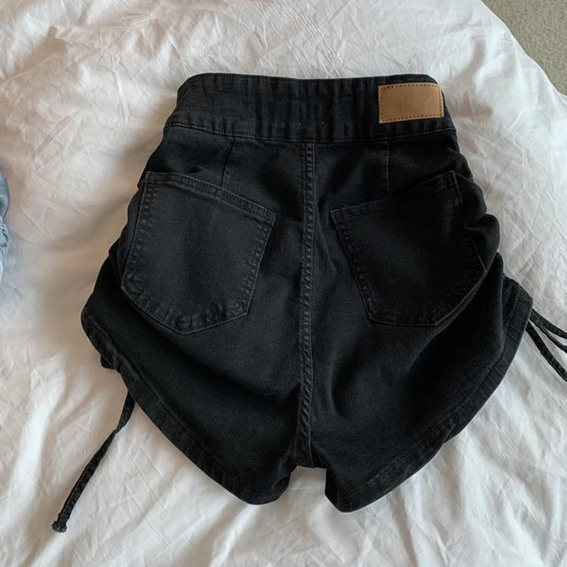 Zoki Sexy Shirring Slim Denim Shorts Women Fashion Korean High Waist Casual Shorts Summer Button All Match Harajuku Shorts New