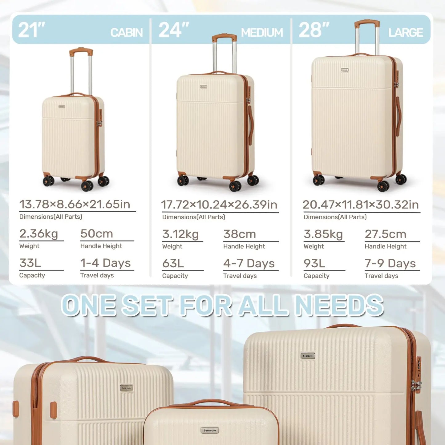 Luggage Sets Suitcase ABS Hard Shell Carry-On Hand Cabin with 4 Double Spinning Wheels & TSA- Lock 3 Piece Set (21"24"28")