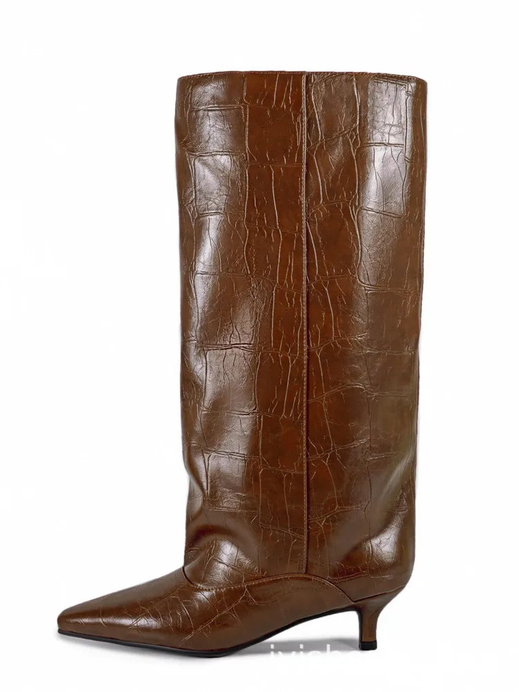 Women's Spring and Autumn New Cat Heel Wide Knee Knee Boots Fashion Pointed Women's Low Heel Mid Heeled Boots