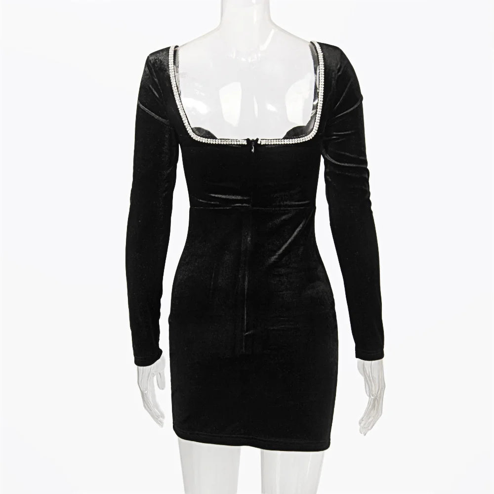 Mozision Long Sleeve Sexy Deep V Neck Wired Diamante Crystal Padded Should Bodycon Outfits Women Winter Velvet Party Dress