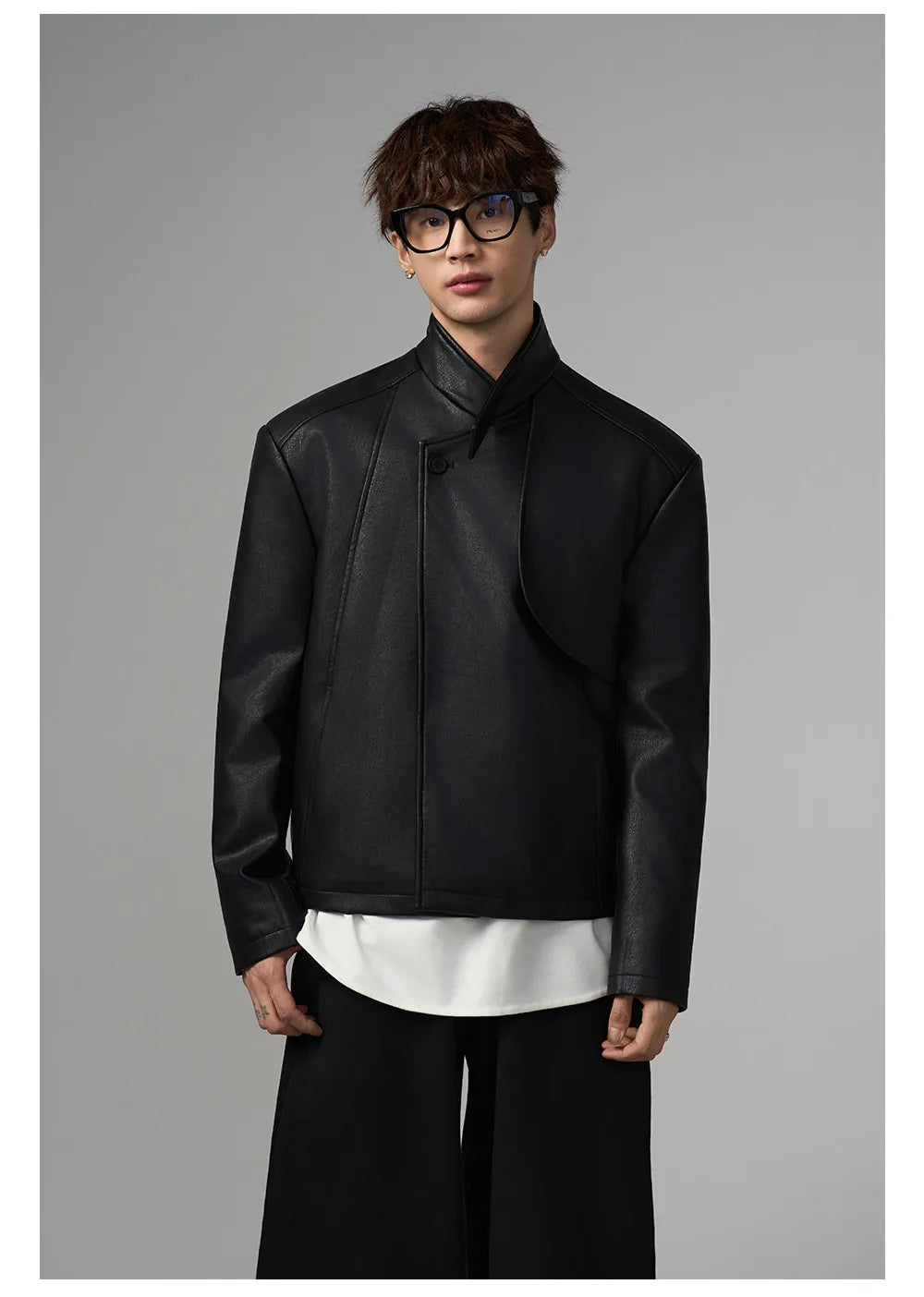 Mauroicardi Spring Autumn Cool Short Black Pu Leather Jacket Men Shoulder Pads Stand Collar Luxury Designer Fashion Clothes 2026