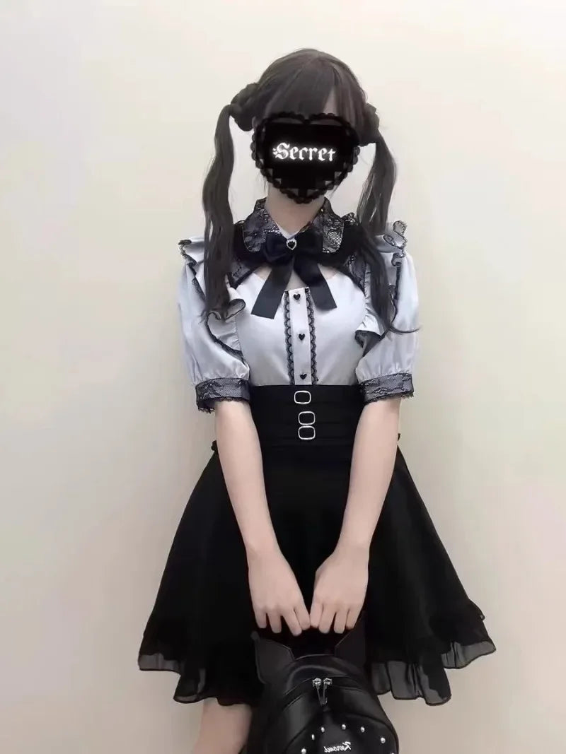 Jirai Kei Cosplay Costume Lolita Dress Blouse Y2K Kawaii Japanese Style Shirt Short Sleeve Pink Sweetheart Girl Halloween Party