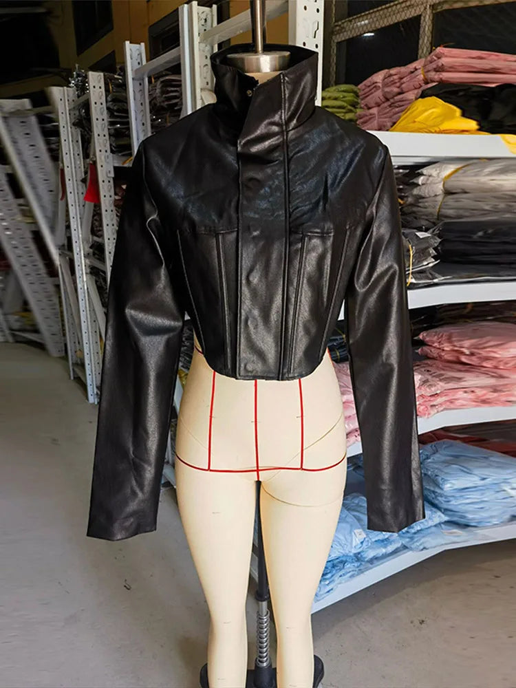 Street Women's Cropped Leather Jacket Slim Stand Collar Long Sleeve Zipper Irregular Hem Coat 2026 Autumn Lady Chic Otwear