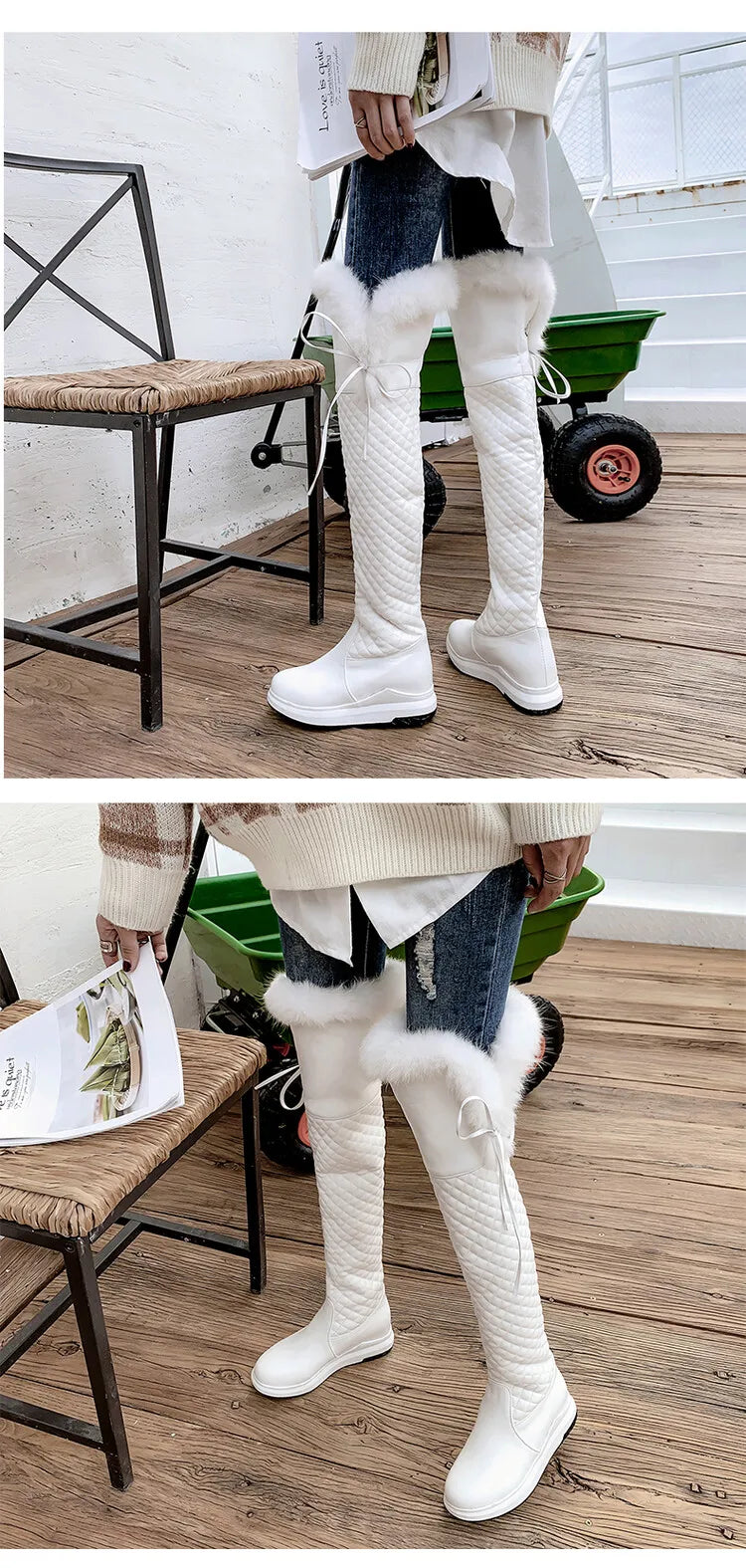 Women's Winter High Snow Boots Warm Fur Plush Black White Over the Knee High Boot Ladies Casual Wedge Heels Rain Shoe Waterproof