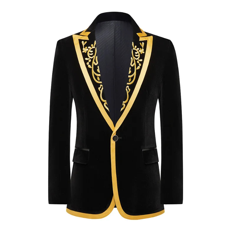New Men High Quality Golden Velvet Embroidered Suit Slim Fit Jacket Fashion Homme Wedding Prom Party Luxury Dress Blazers
