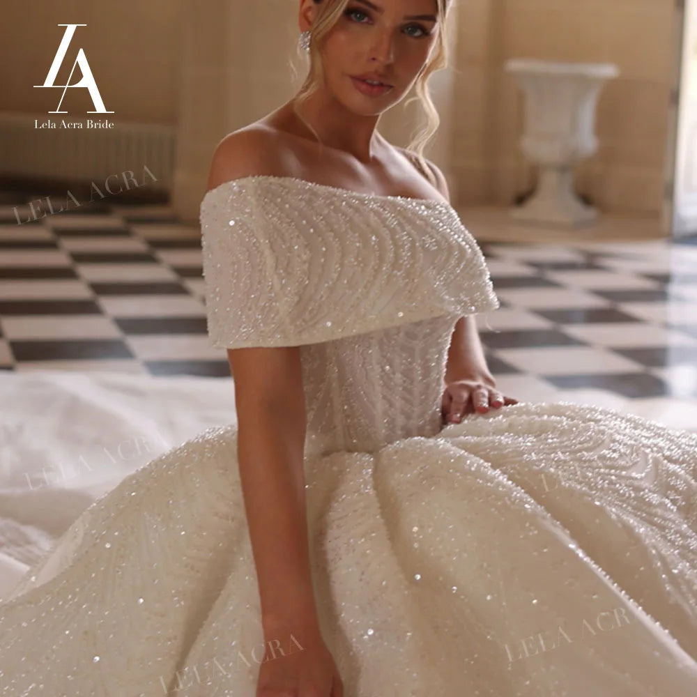 LelaAcra Luxury A-Line Wedding Dress 2026 Off the Shoulder Beading Princess Bride Gown SM244 Customized Party Vestido De Noiva