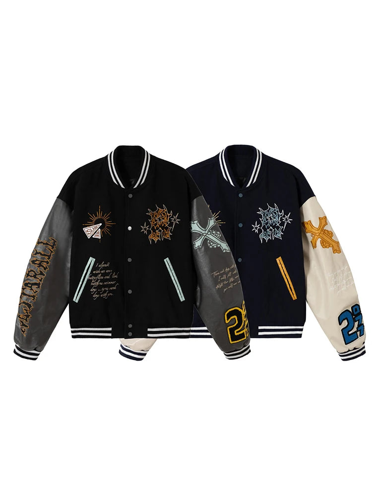 Women American Vintage Embroidered Baseball Jacket Faux Leather Sleeve Patchwork Bomber Coat Autumn Casual Streetwear Outerwear