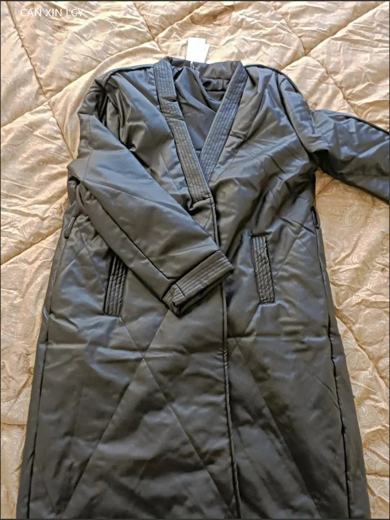 High End Leather Jacket New Women Autumn Winter Long PU Leather Windbreaker With Belt Female Down Cotton Coat Thick Warm Parkas