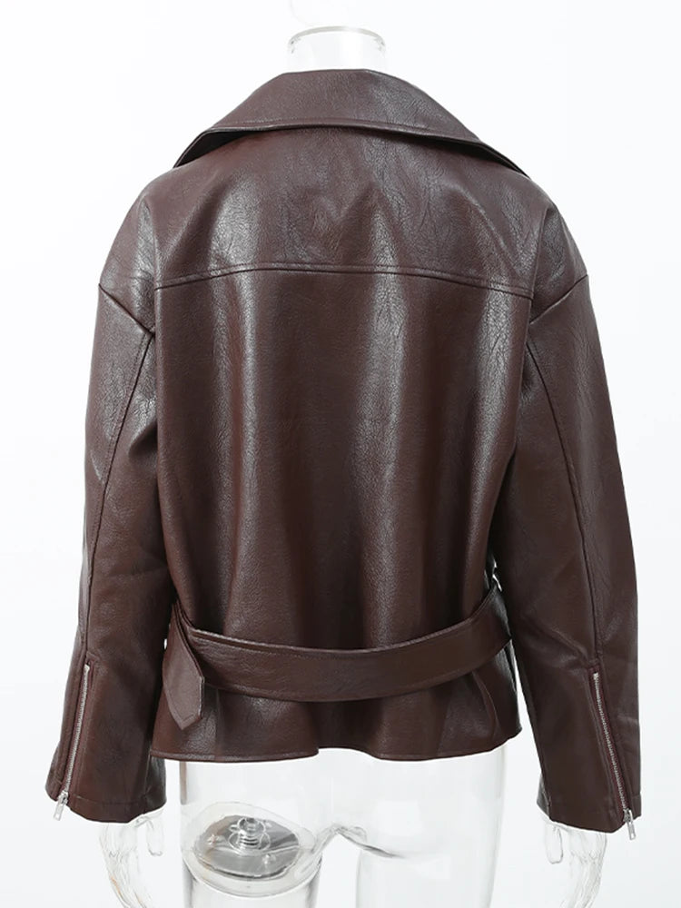 Women Chic Brown Leather Jacket With Belt Chic Full Sleeve Laple Zipper Short Coats 2026 Autumn New Ladies Street Biker Jackets