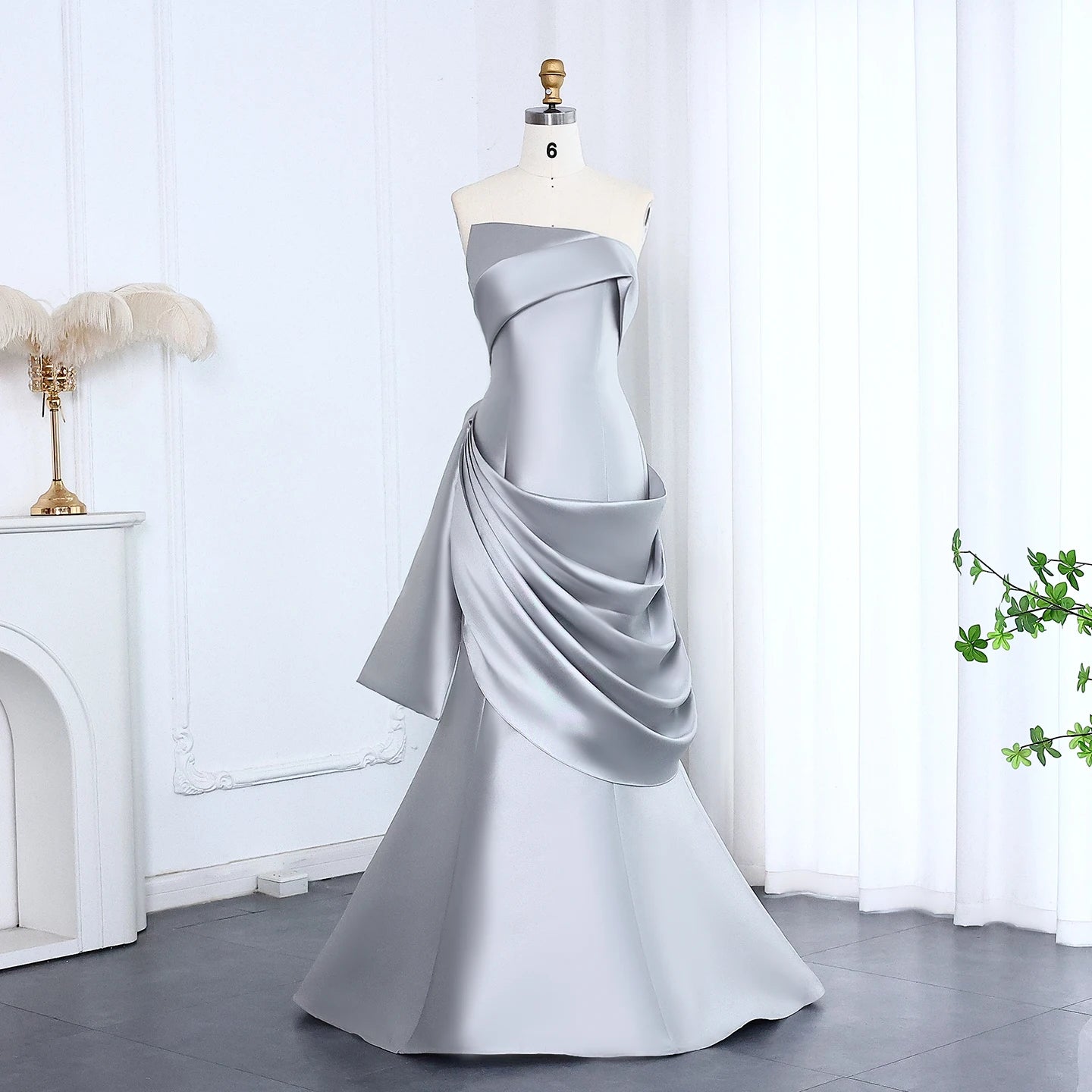 Sharon Said Women' s Elegant Wedding Prom Gown Silver Satin Formal Evening Party Dress Draped Mermaid Strapless SF231 Customized