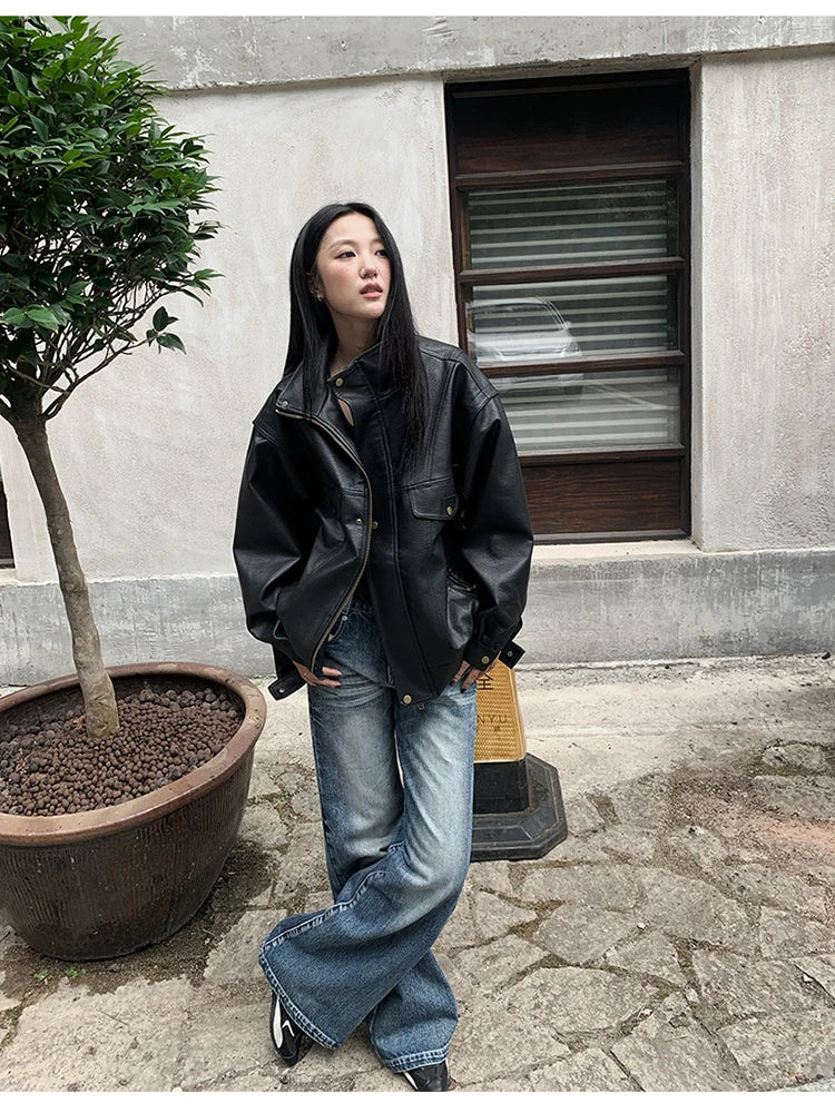 Lautaro Spring Winter Cool Oversized Thicken Warm Black Hard Pu Leather Jacket Women Long Sleeve High Quality American Clothing