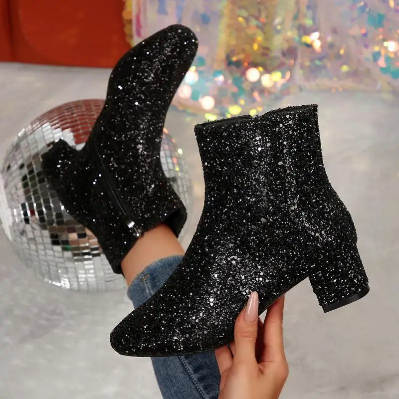 Luxury Sequin Fabric Ankle Boots Women 2026 Autumn Designer Square Toe Side Zip Short Boots Sexy Shiny Medium Heel Party Shoes