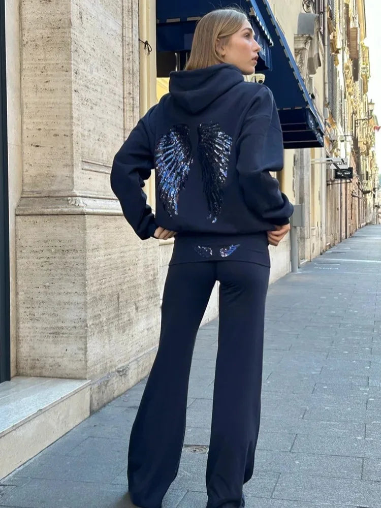 Sequins Angel's Wings Hoodies Women Y2k Chic Loose Long Sleeve Pullovers Top Slim Yoga Pant Set 2026 Casual Lady Sweatshirt Set