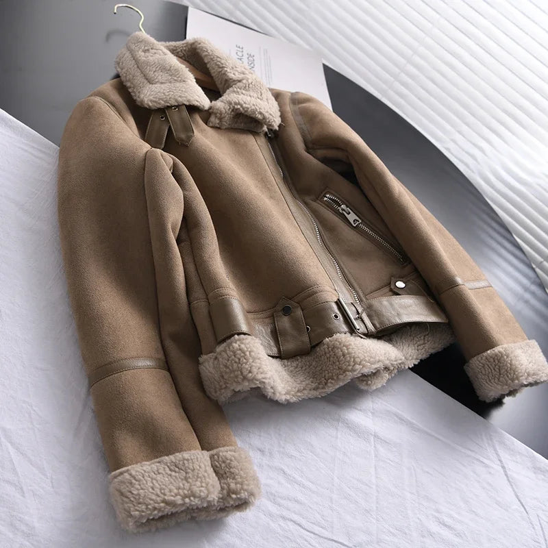 Winter Women Thick Warm Suede Lamb Jacket Short Motorcycle Brown Coats Faux Shearling Sheepskin Leather Jackets Outwear