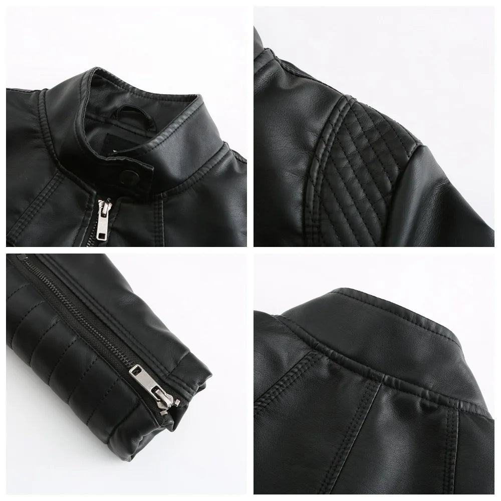 2026 New Women's Slim Leather Jacket, Stand-up Collar, Zipper Stitching, Monochromatic PU Coat, Fashion Clothing.
