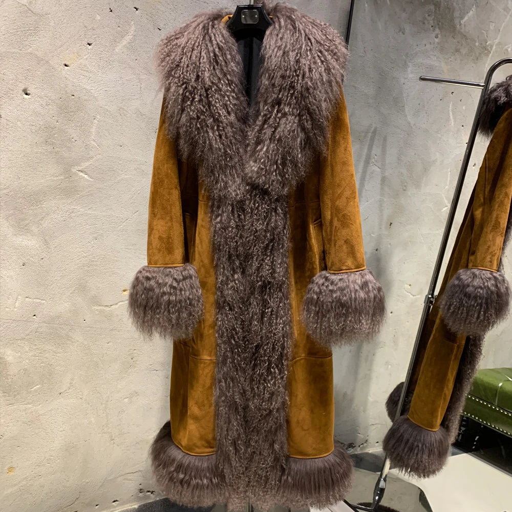 Suede Coat Fur Collar Women Autumn Genuine Sheepskin Coat Long with Mongfolian Fur Trim