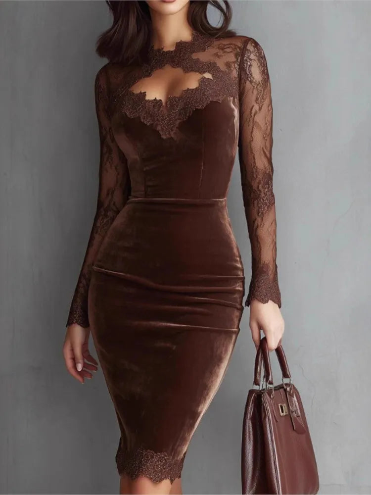 Women Velvet Midi Dress Elegant Lace Long Sleeve Hollow Out Bodycon Dress Autumn Winter New Party Evening Formal Pencil Dresses